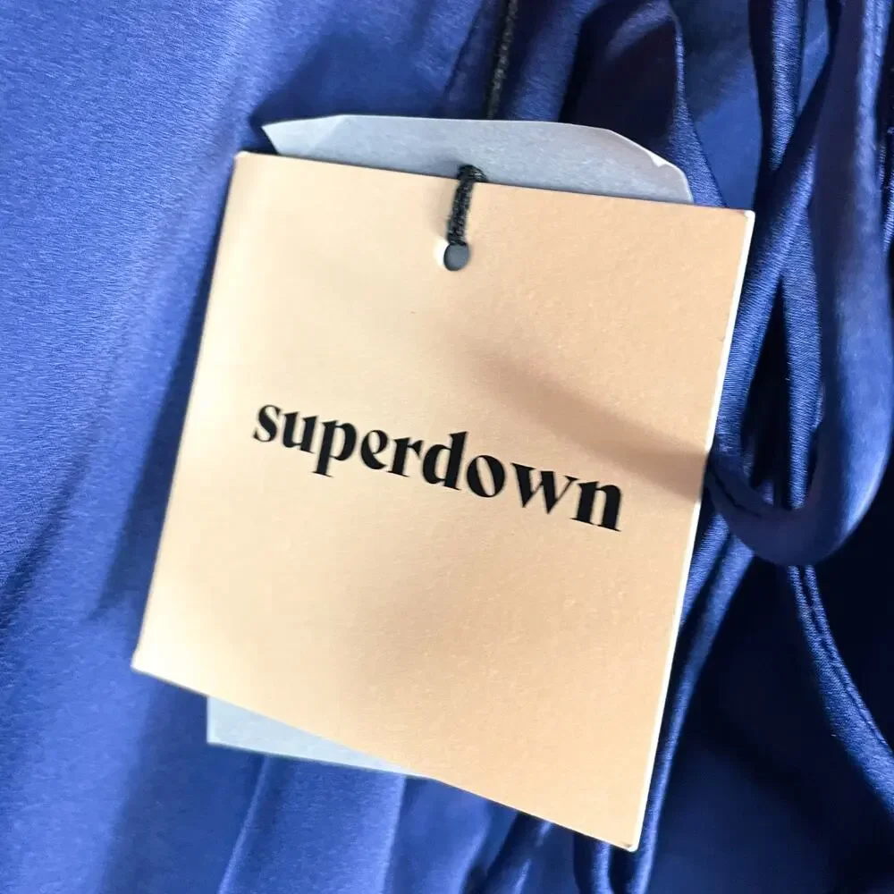 Superdown Frida Side Slit Dress Navy Blue Midi‎ Satin Sleeveless Sz M